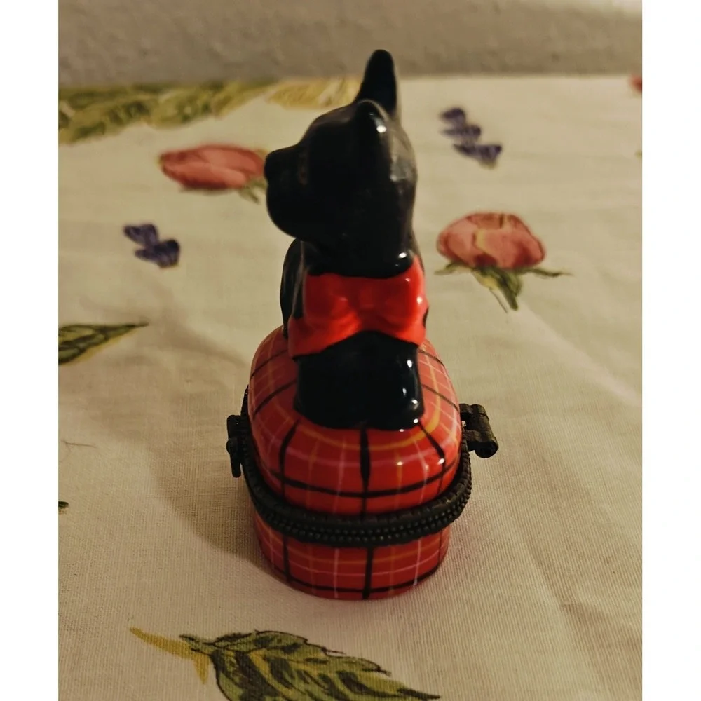 Vintage Black Scottie Dog Sitting on Red Tartan Trinket Box